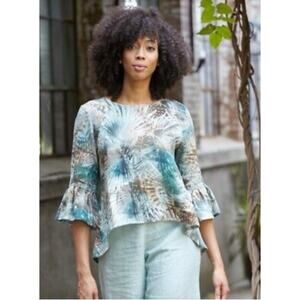 Bryn Walker Linen Fran Top Palm Leaf Ruffle Bell ¾ Sleeve High-Low Hem XL EUC